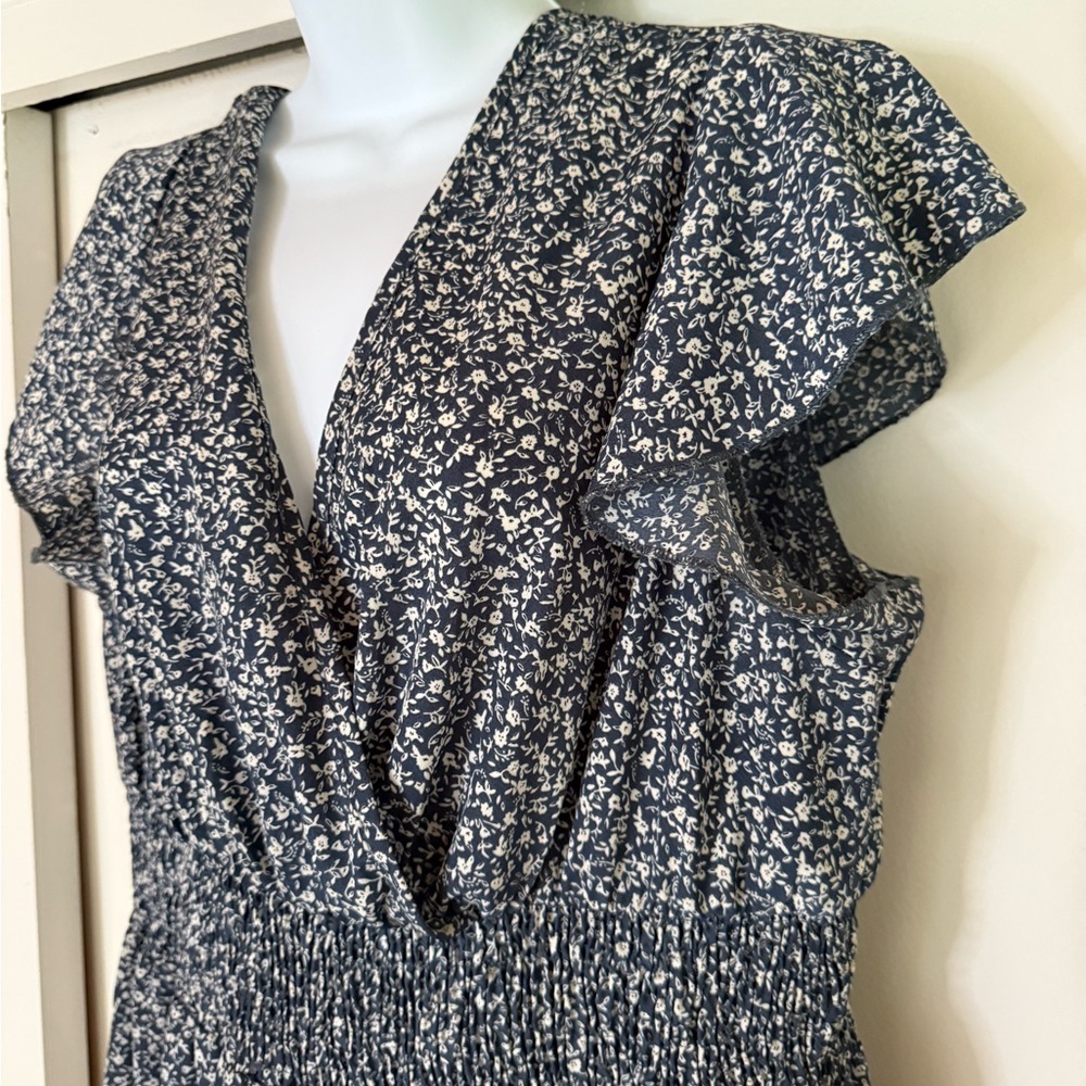 Navy Floral Print Jumpsuit, Lightweight, Ruffle Hem - Picture 2 of 5